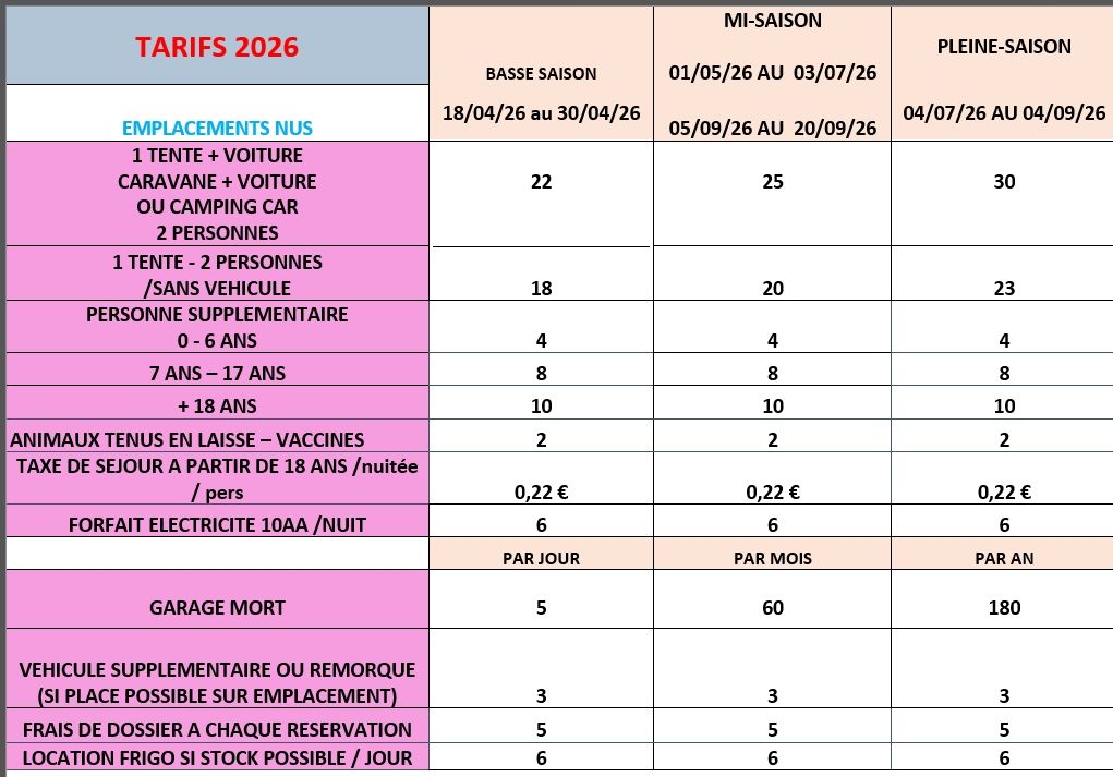 TARIFS 2026 EMPLACEMENTS NUS 